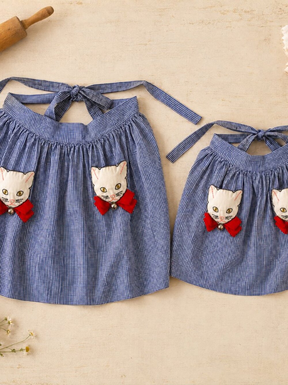 Vintage Mother Daughter Matching Kitten Apron Set Gingham Handmade